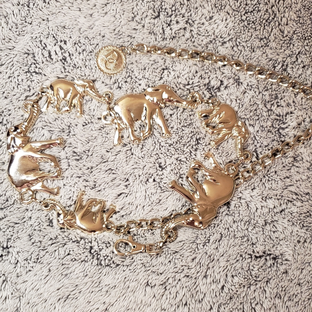 VTG Anne Klein Sliver-Tone Elephant Link Chain Belt Interlocking Monogram Logo